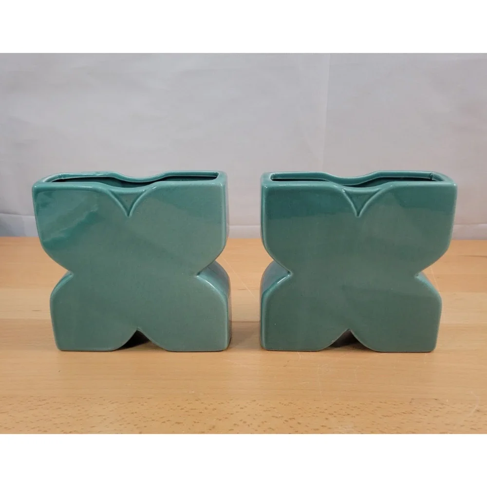 Pair Ceramic Vases Teal Blue Flower Pocket Planter 5” x 5” READ